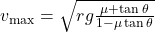 v_{\text{max}} = \sqrt{r g \frac{\mu + \tan \theta}{1 - \mu \tan \theta}}