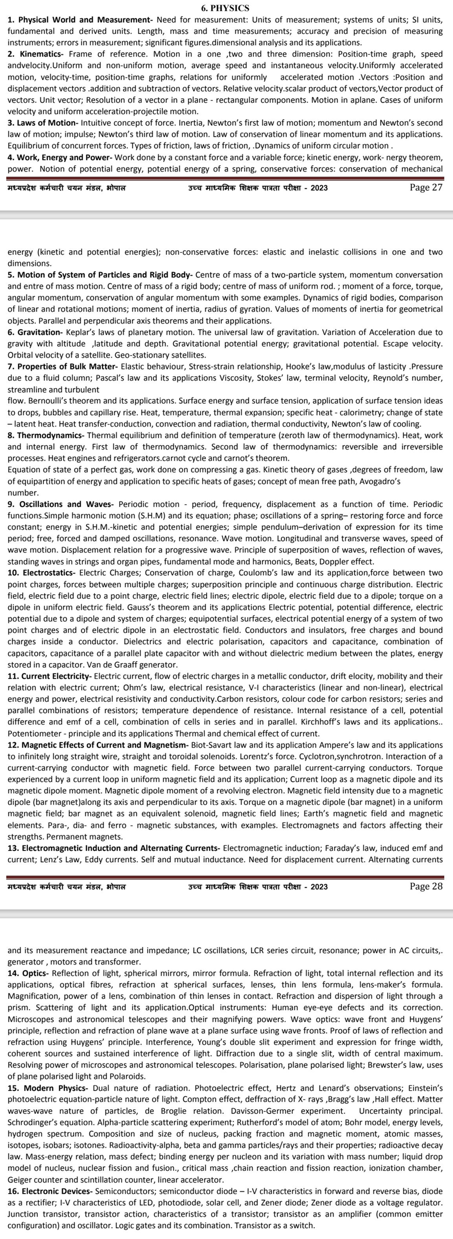 MP TET Varg 1 Physics Syllabus in English
