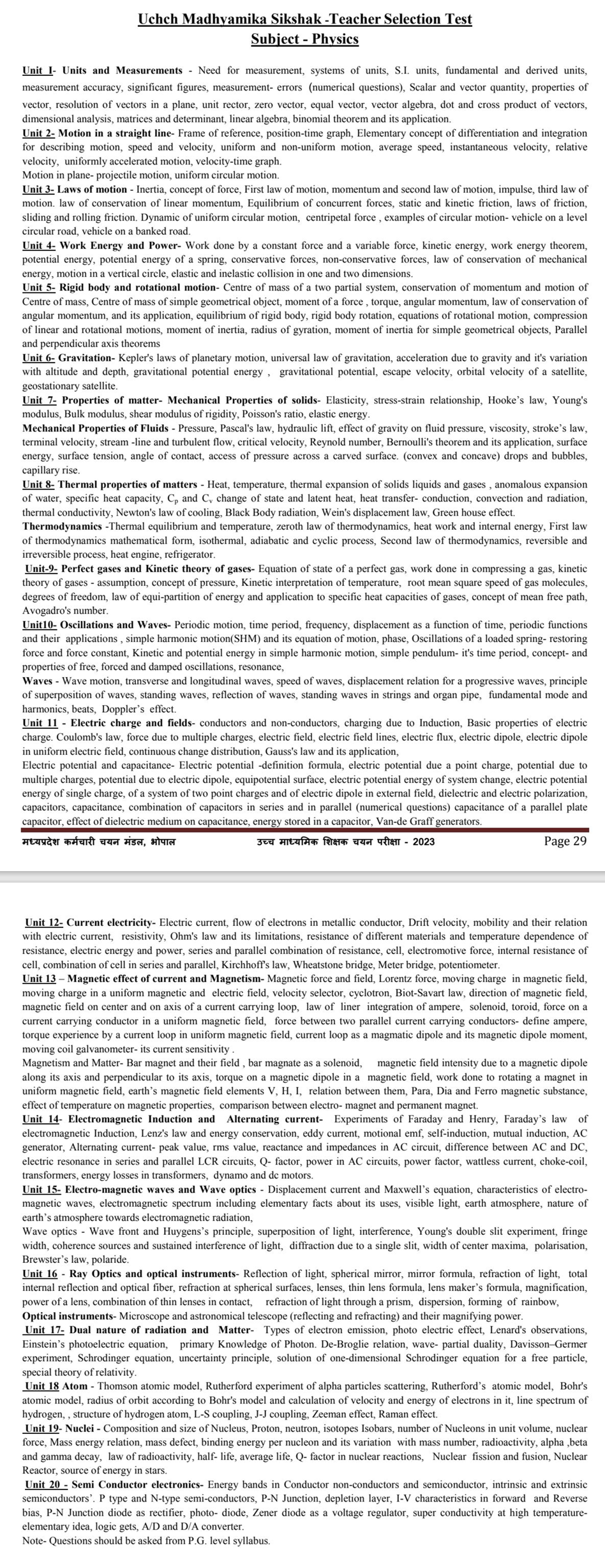 MP PGT Physics Syllabus in English