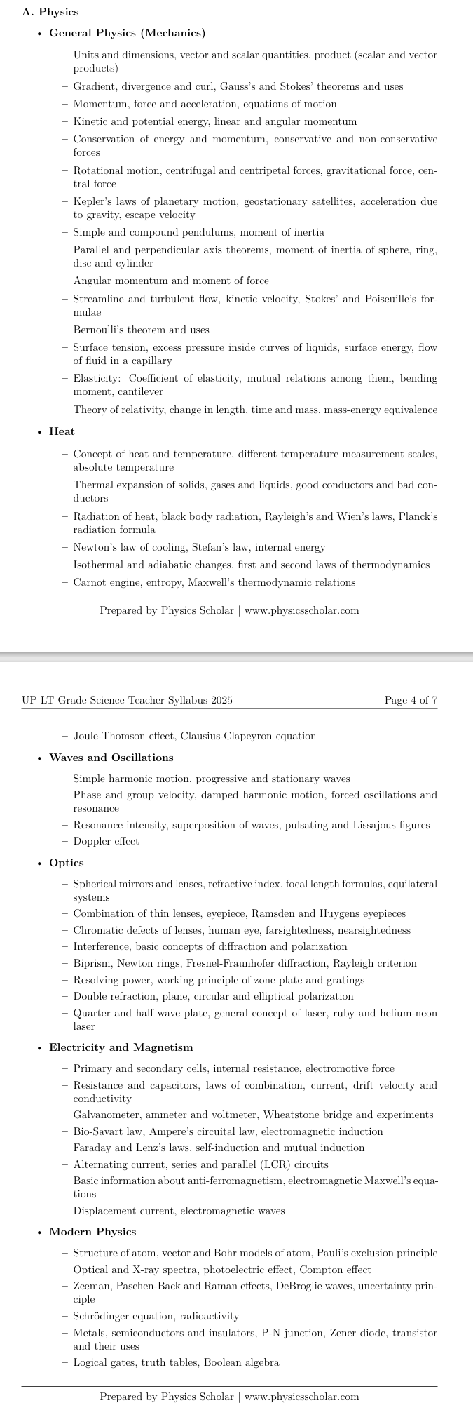 UP LT Grade Science Syllabus [Physics]